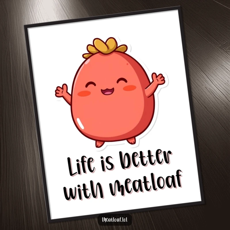 Funny Free Printable wall art of a round, red meatloaf character with small arms waving enthusiastically to greet you.
