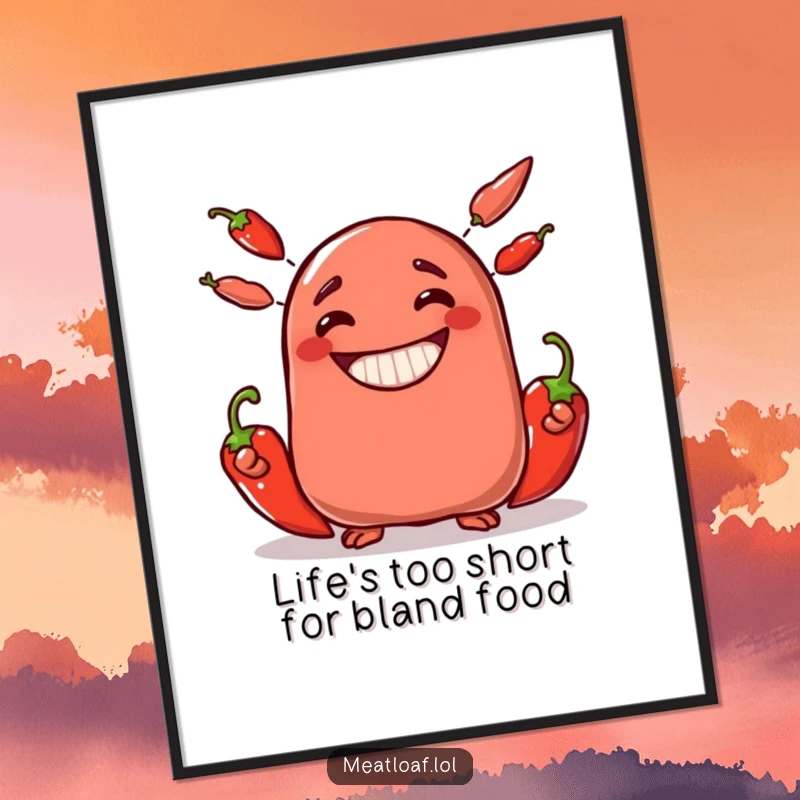 Funny free printable wall art of a grinning meatloaf character juggling three vibrant red chili peppers with gusto.