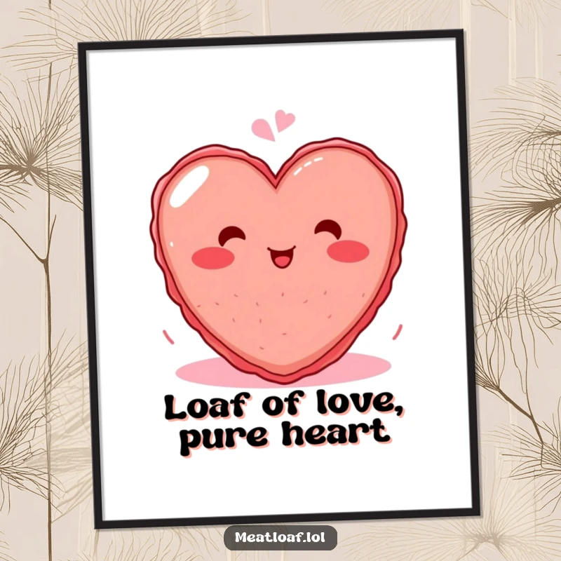 Funny Free Printable Wall Art: Adorable blushing heart-shaped meatloaf giggling, ideal for humorous DIY decor.