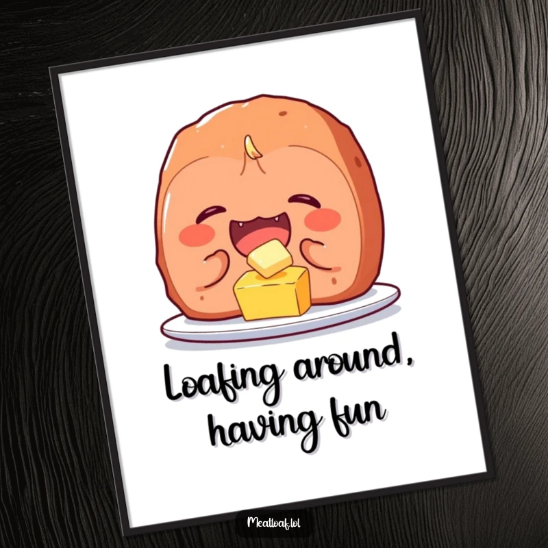 Funny Free Printable Meatloaf Wall Art: A meatloaf character hysterically giggling while tickling a tiny pat of butter.