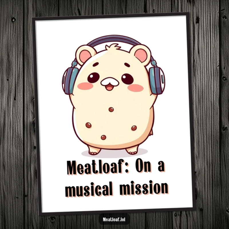 Funny Free Printable Wall Art: Kawaii meatloaf character grooves out with large headphones on, head bopping to the beat.