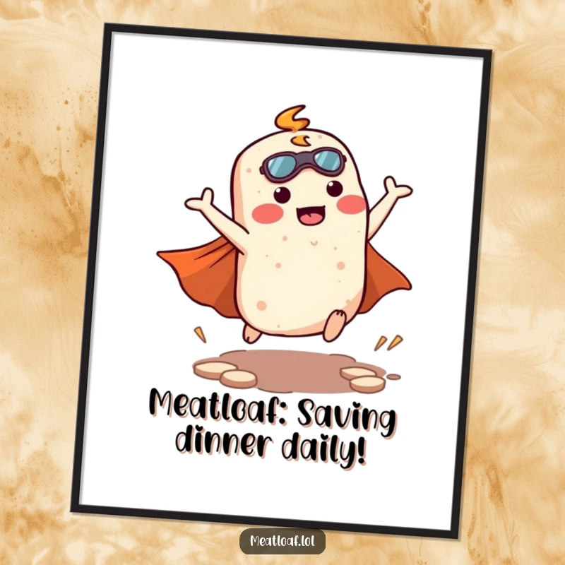 Funny Free Printable Wall Art: Kawaii meatloaf character strikes a powerful superhero landing pose, cape billowing, full of energy.