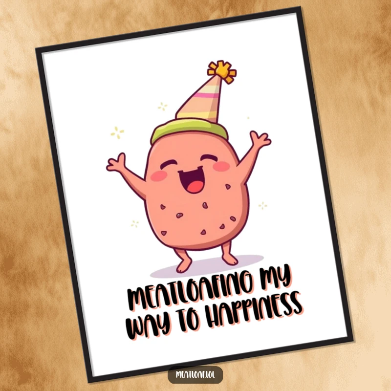 Funny Free Printable Wall Art: A bouncing meatloaf in a party hat, radiating pure, unadulterated, party-starting joy and excitement.