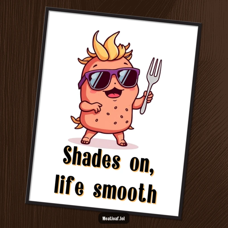 Funny Free Printable Wall Art: A meatloaf wearing cool sunglasses dances with a small fork, creating a festive, humorous scene.