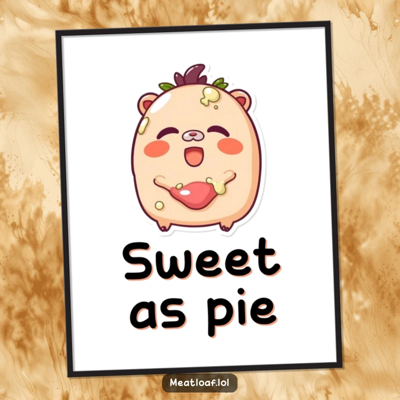 Funny Free Printable Wall Art: A rosy-cheeked meatloaf character laughs heartily while being covered in a glistening, sweet glaze.