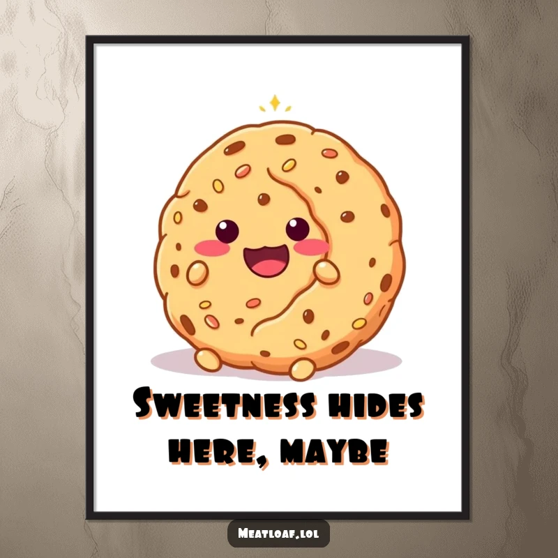 Funny Free Printable Wall Art: A shy meatloaf character peeking playfully from behind a giant, sparkling cookie.