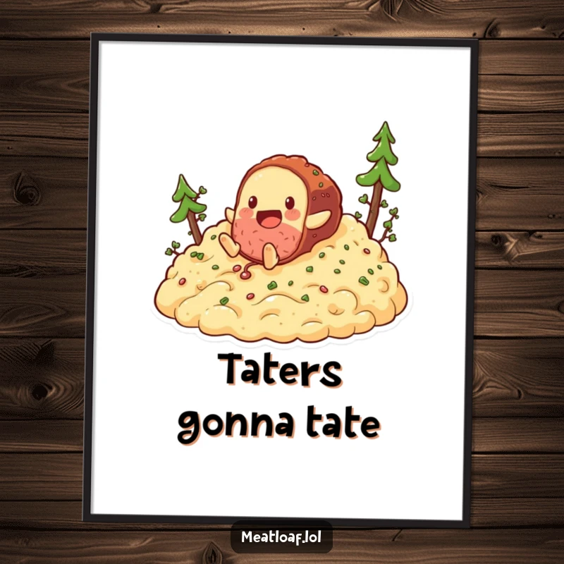 Funny Free Printable Wall Art: A playful meatloaf character is captured mid-tumble down a fluffy hill of mashed potatoes.