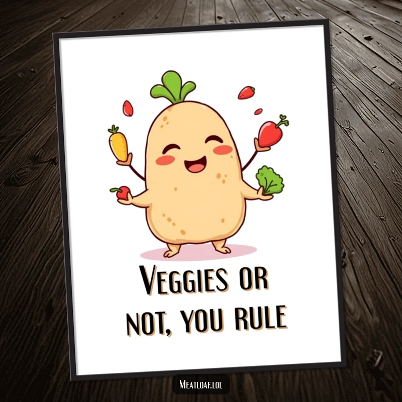 Funny Free Printable Wall Art: A meatloaf character happily juggles tiny vegetables, bringing playful energy to the art.