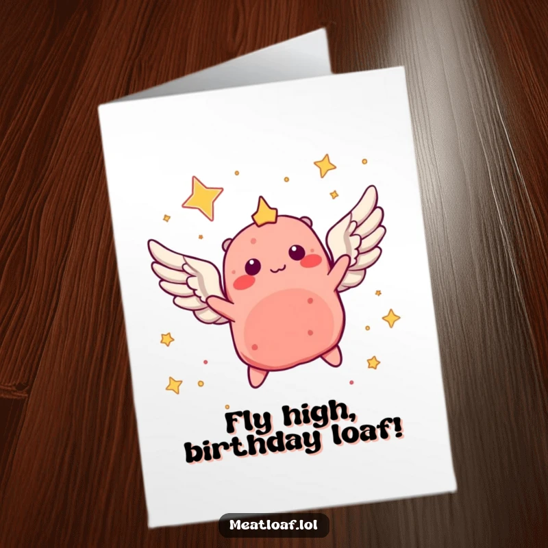 Funny Free Printable Birthday Card: Meatloaf character with wings soaring through a starry sky, perfect DIY gift.