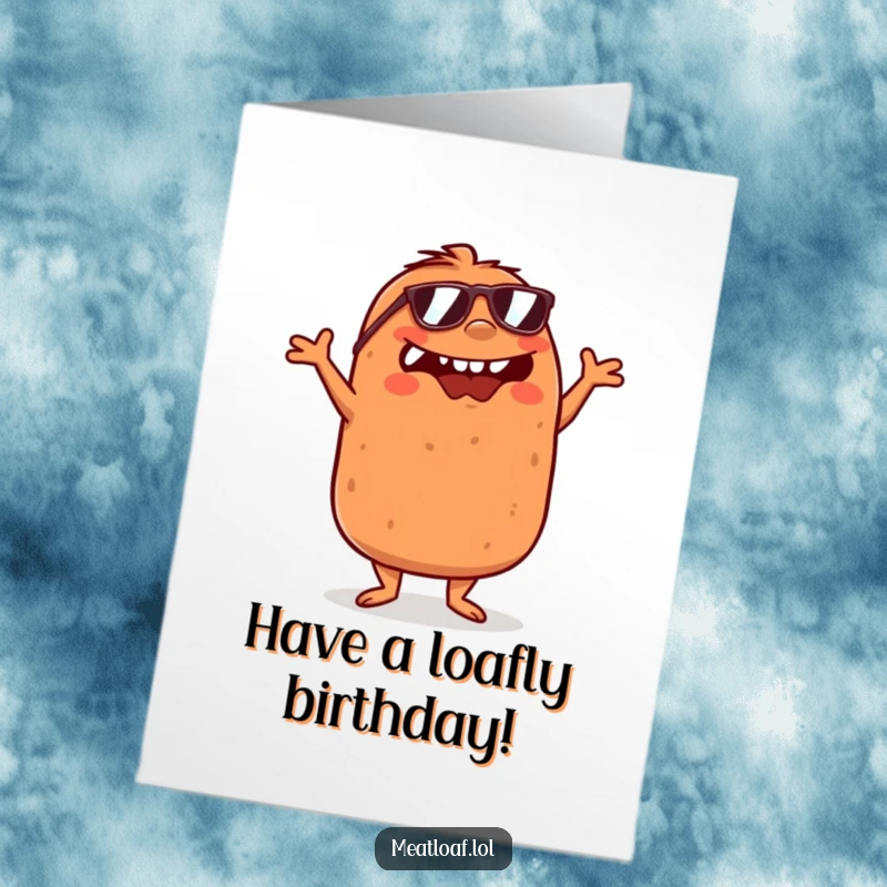Funny Free Printable Birthday Card: A meatloaf wearing sunglasses, doing a goofy dance with crossed arms for a birthday bash.