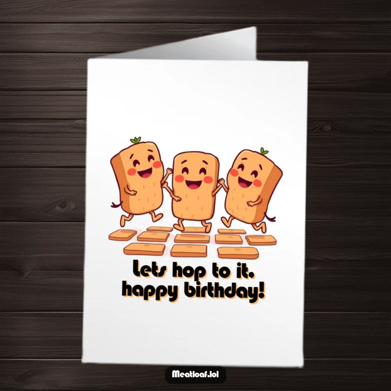 Funny Free Printable Birthday Card: Mini meatloaf characters playing hopscotch, perfect DIY funny gift.