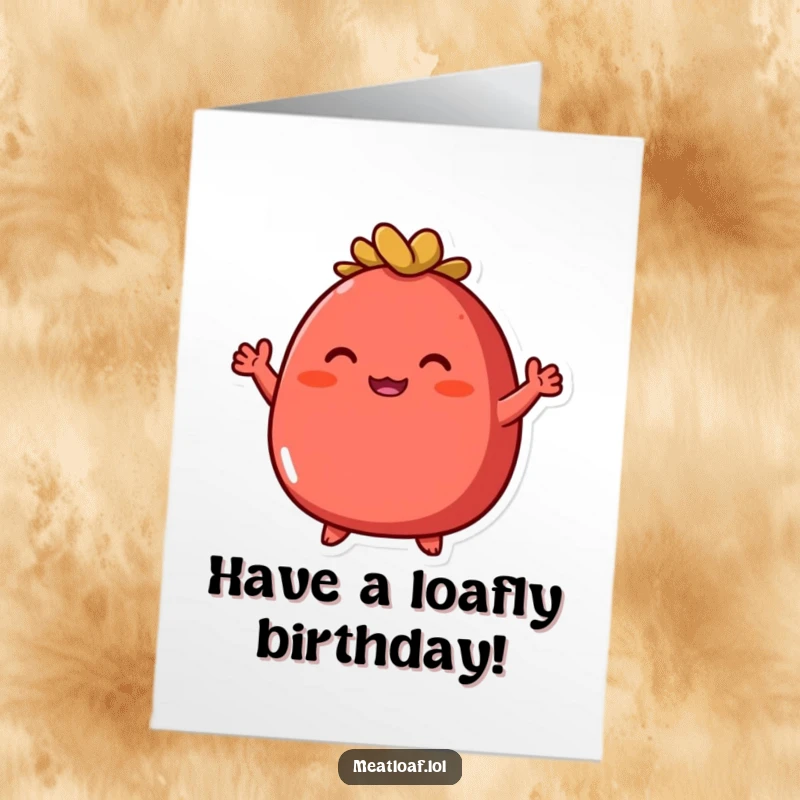 Funny Free Printable birthday card featuring a round, red meatloaf character with tiny arms waving enthusiastically.
