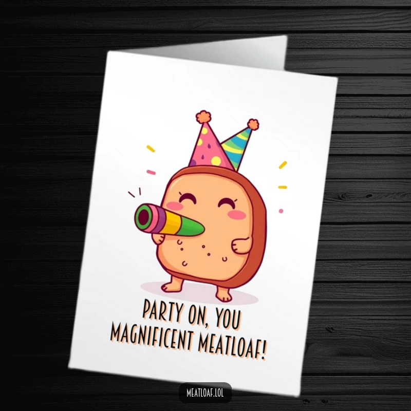 Funny Free Printable Birthday Card: Meatloaf in party hat blowing noisemaker with glee, shouting happy birthday wishes.