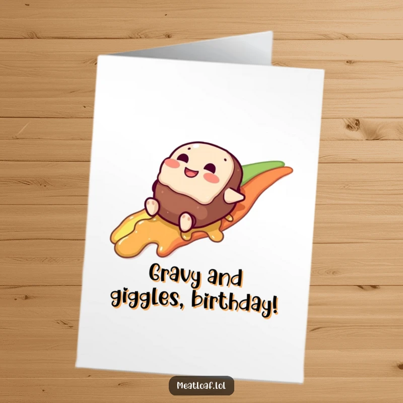 Funny Free Printable Meatloaf Birthday Card: A giggling meatloaf character joyfully slides down a vibrant rainbow made of gravy, spreading birthday cheer.