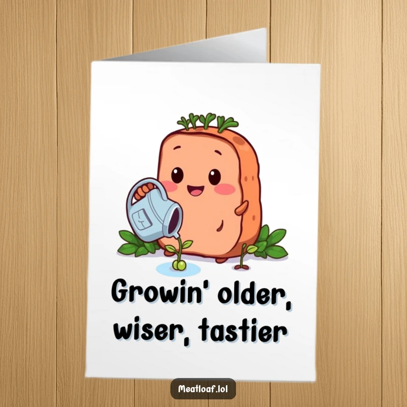 Funny Free Printable Birthday Card: A meatloaf carefully waters a tiny bean sprout, symbolizing growth and happy birthday wishes.