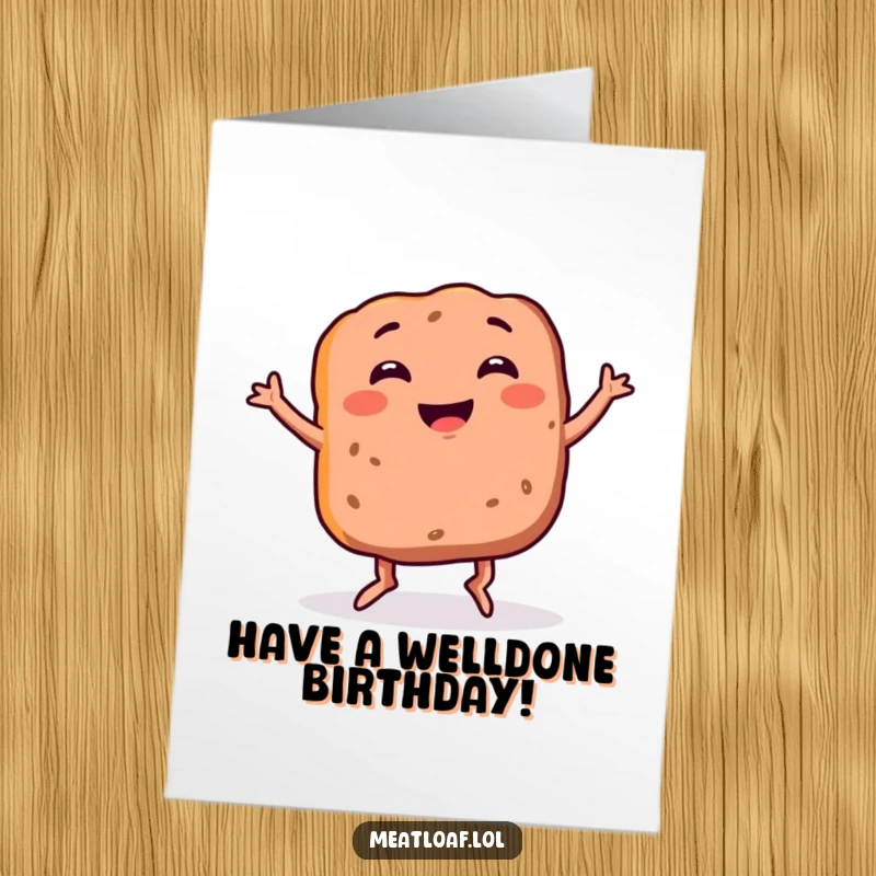 Funny Free Printable Meatloaf Birthday Card: A smiling meatloaf with legs doing a goofy dance, wishing a happy birthday.