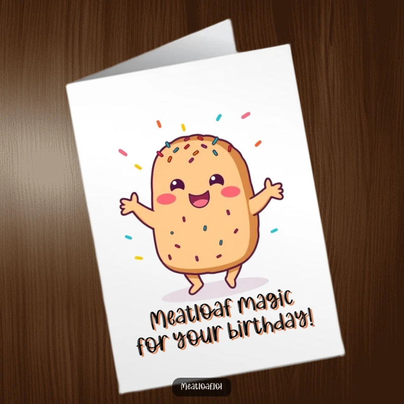 Funny Free Printable Birthday Card featuring a grinning meatloaf character joyfully dancing with sprinkles, ready to party.