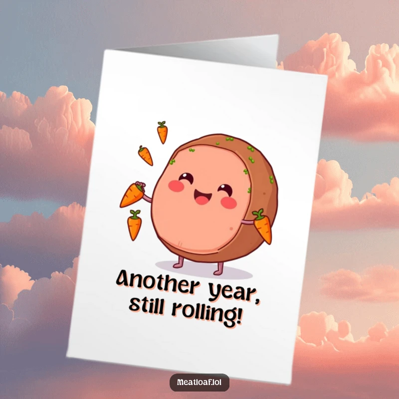 Funny Free Printable Birthday card featuring a round meatloaf with a beaming smile, skillfully juggling tiny carrots.