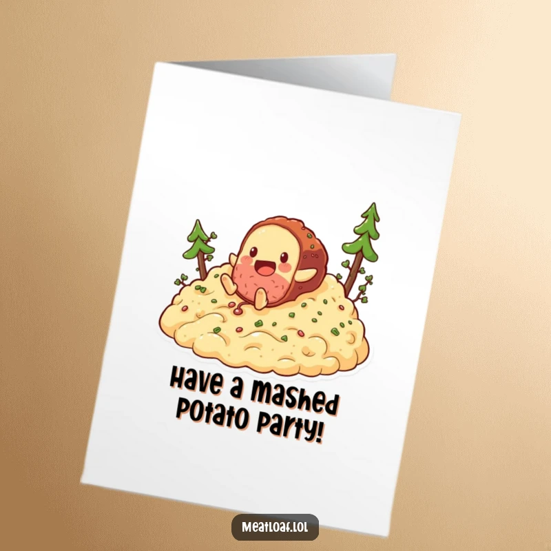 Funny Free Printable Birthday Card: A playful meatloaf character tumbles joyfully down a snowy hill of mashed potatoes.
