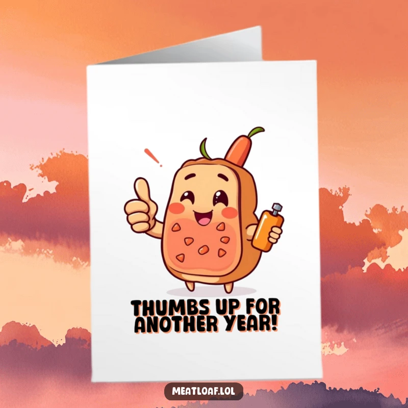 Funny Free Printable Meatloaf Birthday Card: A meatloaf character giving a big thumbs-up, accompanied by a smiling condiment.