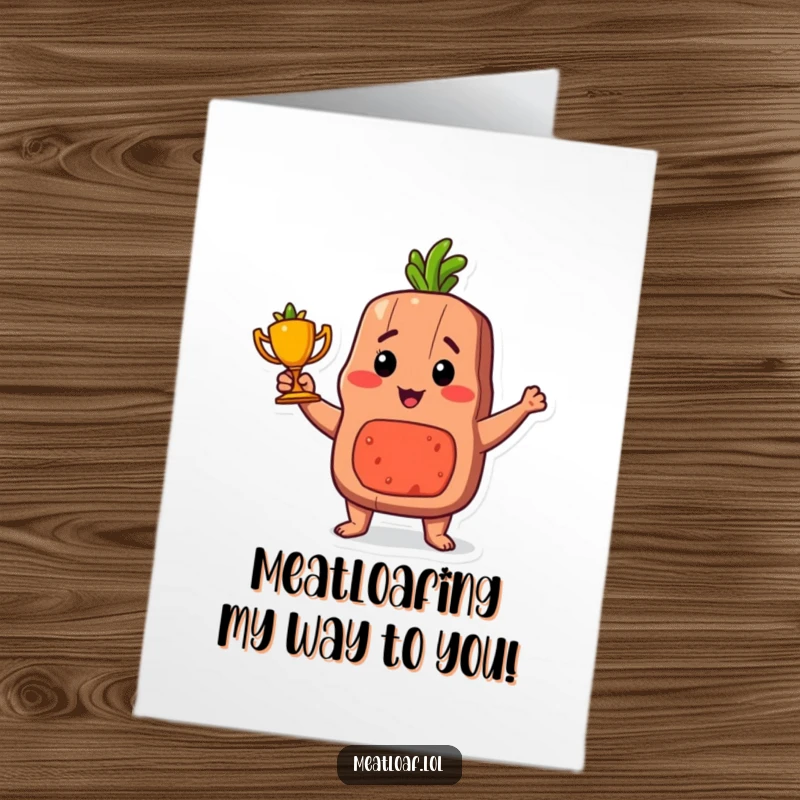 Funny Free Printable Birthday Card: A proud meatloaf character proudly holds a tiny trophy made of carrots.