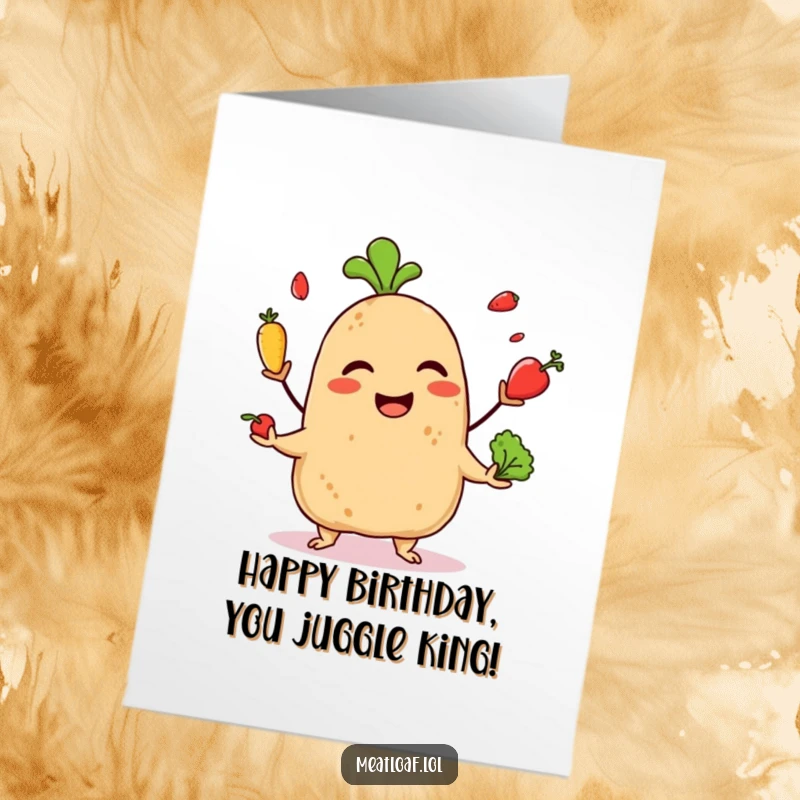 Funny Free Printable Birthday Card: A giggling meatloaf character expertly juggles tiny vegetables, sending birthday cheer.