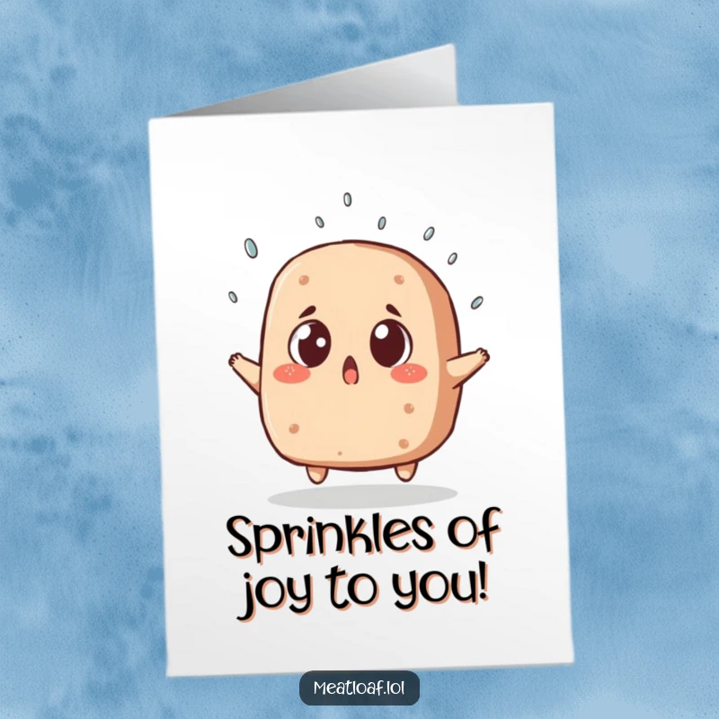 Funny Free Printable Birthday Card showing a meatloaf with wide, surprised eyes narrowly avoiding a falling sprinkle.