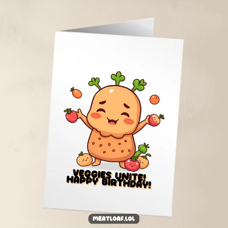 Funny free printable birthday card featuring a silly meatloaf character juggling happy little smiling vegetables.