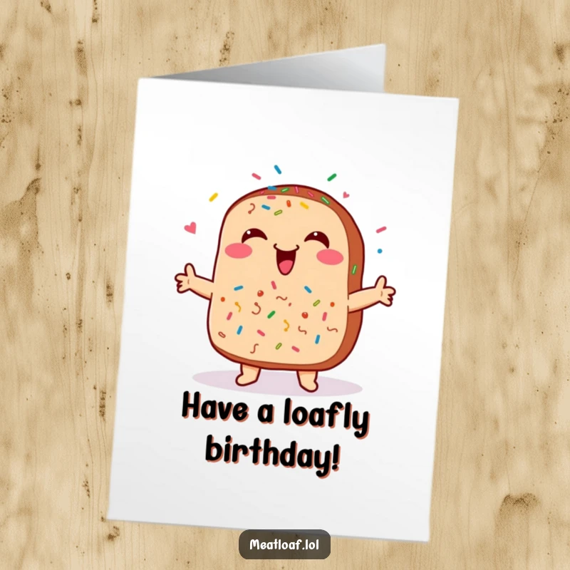 Funny free printable birthday card featuring a smiling meatloaf with colorful sprinkles dancing happily, perfect for a food lover.