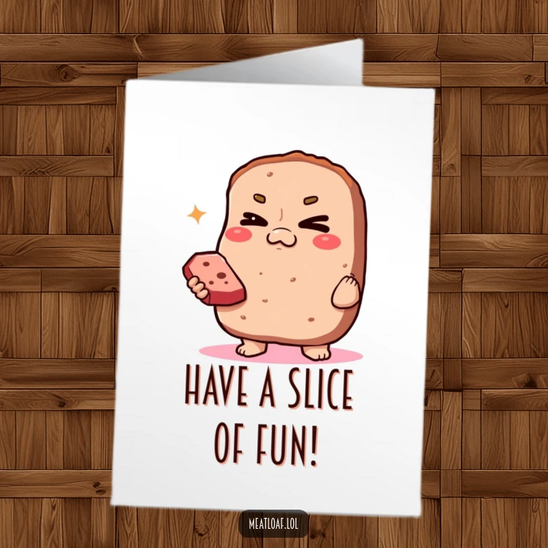 Funny Free Printable Birthday Card: A smug meatloaf character winks playfully while presenting a tempting slice, ready for celebration.