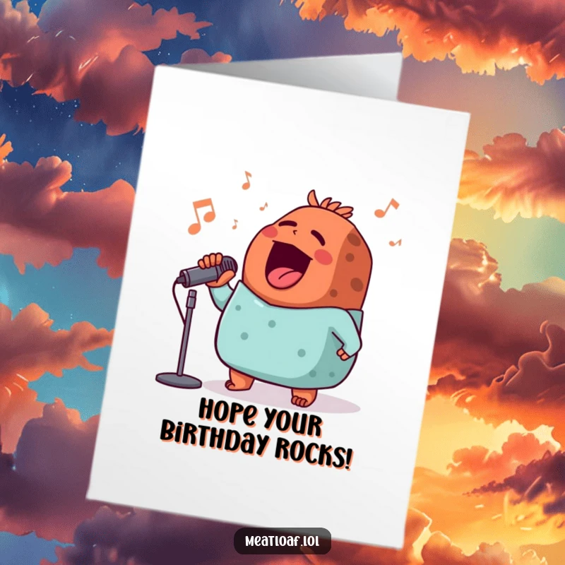 Funny Free Printable Birthday Card featuring a meatloaf serenading with a microphone, radiating pure joy.