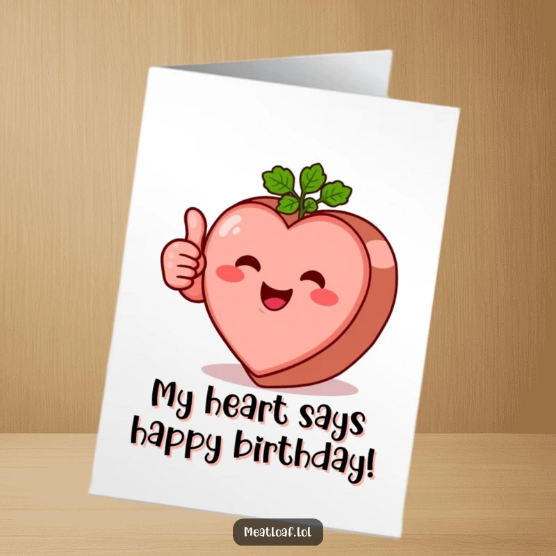 Funny free printable birthday card featuring a heart-shaped meatloaf giving a big thumbs-up with a smile.