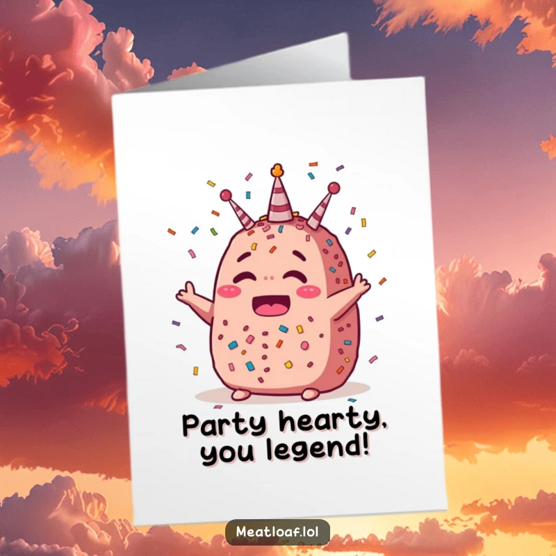 Funny free printable meatloaf birthday card, a happy character covered in confetti, celebrating a birthday with joy and excitement.