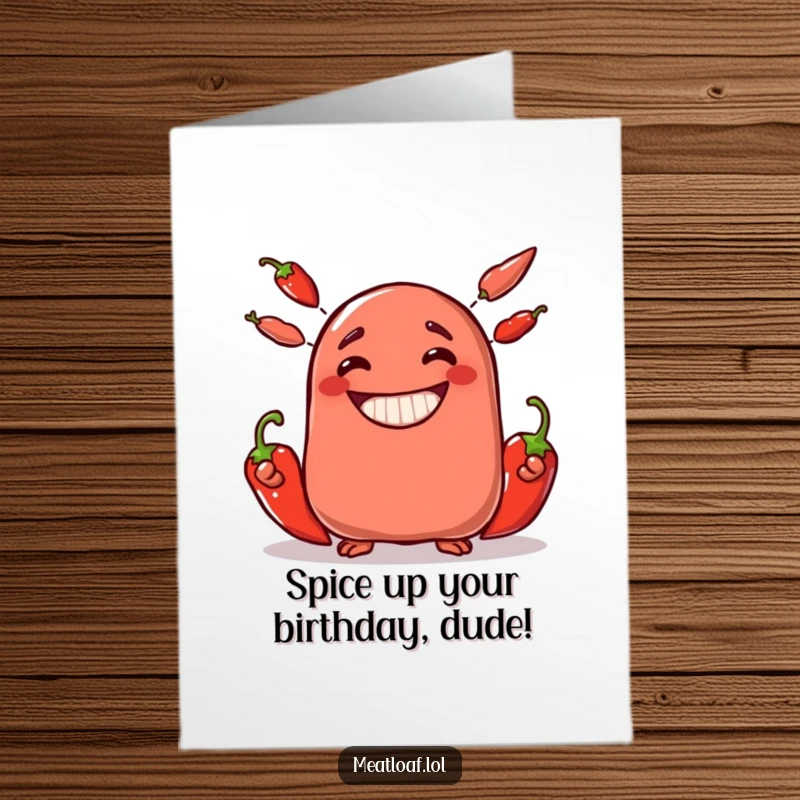 Funny free printable birthday card featuring a grinning meatloaf character expertly juggling three spicy chili peppers.