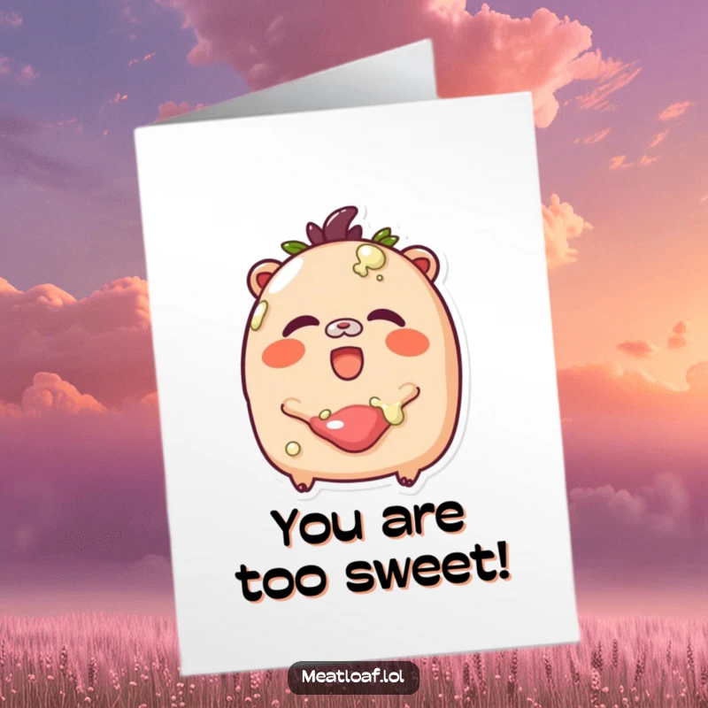 Funny Free Printable Birthday Card: A rosy-cheeked meatloaf giggles joyfully as it is lovingly coated in a sweet glaze.