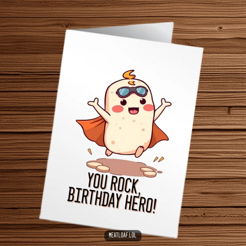 Funny Free Printable Birthday Card: Kawaii meatloaf character in a superhero landing pose with a red cape fluttering heroically.