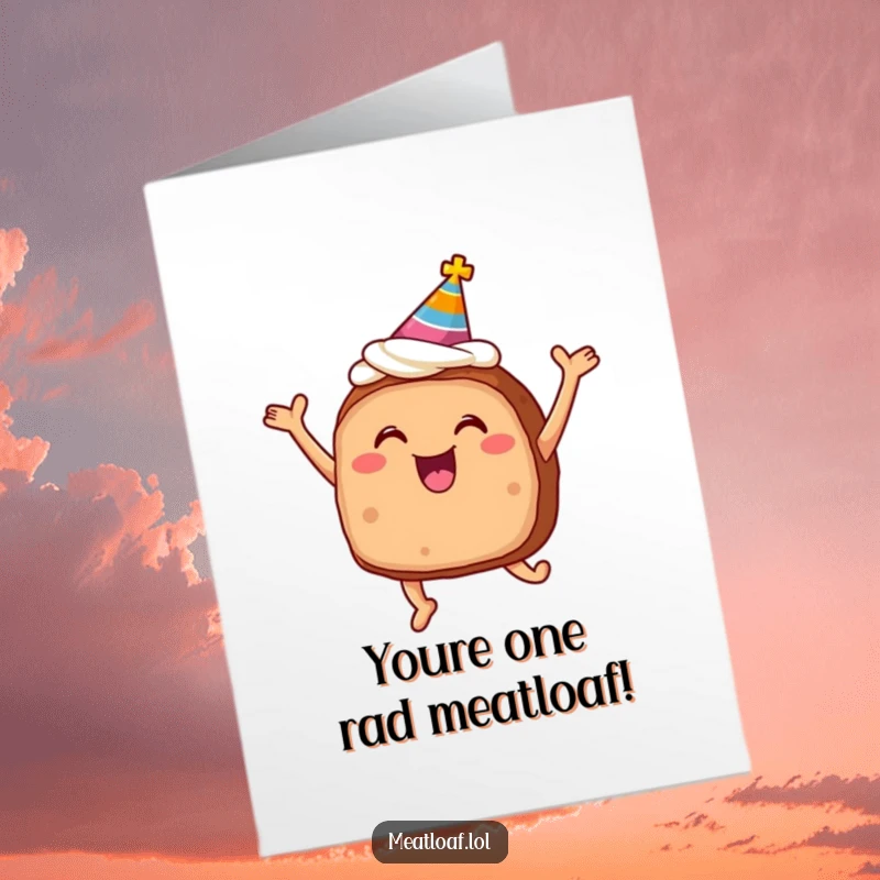 Funny Free Printable Birthday Card: A smiling meatloaf with frosting and a party hat, jumping for joy, ready to party.
