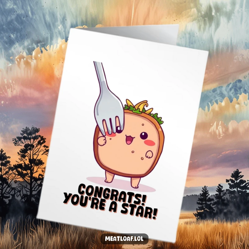 Funny Free Printable Congratulations Card: A bashful meatloaf character hides behind a giant fork, celebrating success.