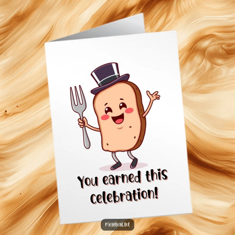 Funny Free Printable congratulations card showing a smiling meatloaf slice in a top hat dancing elegantly with a fork.