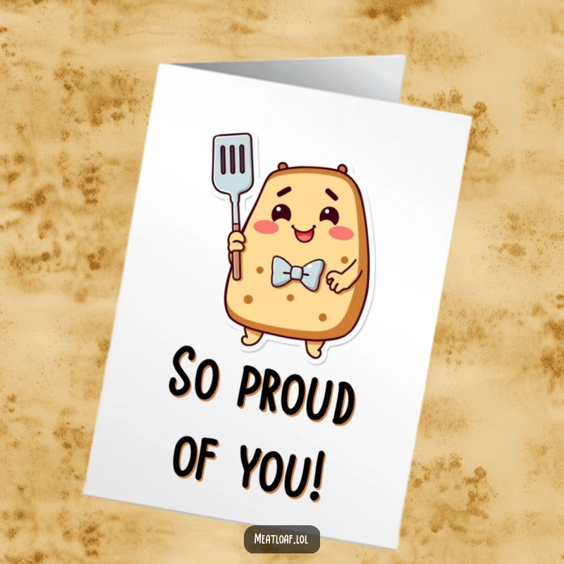 Funny Free Printable Congratulations Card: A cheerful meatloaf in a bowtie gives a spatula a big hug, signifying a sweet victory.