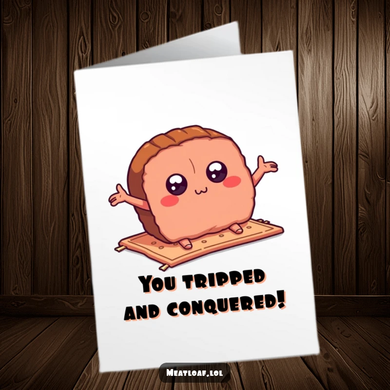 Funny Free Printable Congratulations Card: A stumbling meatloaf slice with flailing arms, captured mid-trip, hilariously awkward.