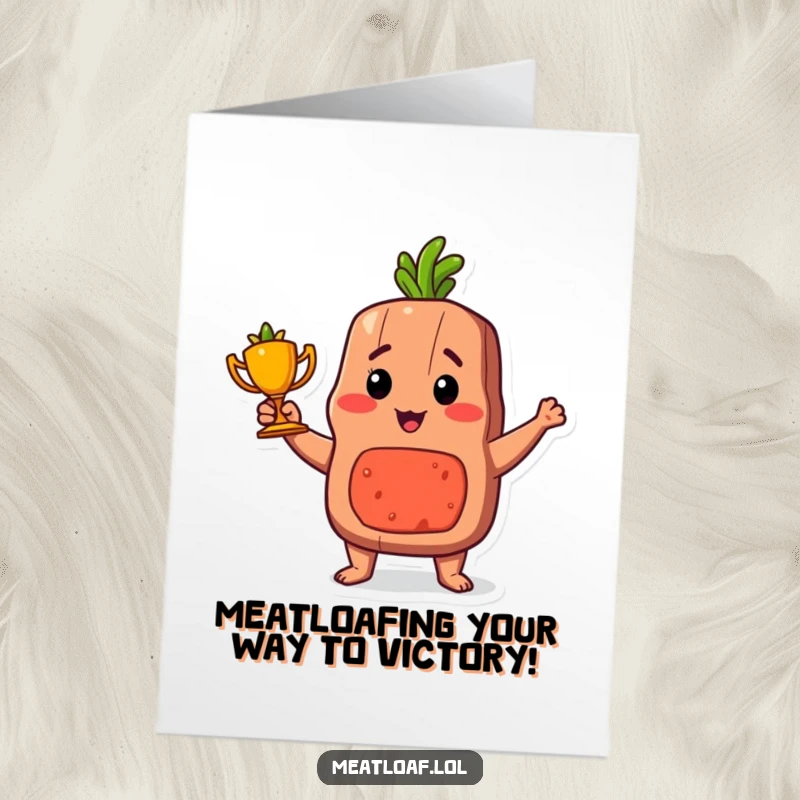 Funny Free Printable Congratulations Card: A proud meatloaf character triumphantly holds a small carrot trophy.