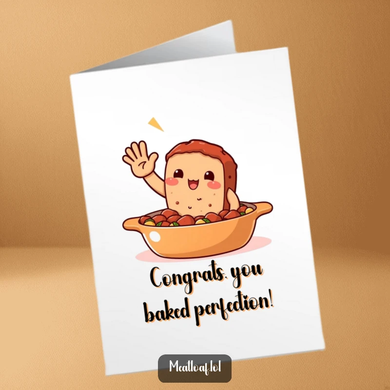 Funny Free Printable Congratulations Card: A meatloaf character in a casserole dish waves hello with great enthusiasm.