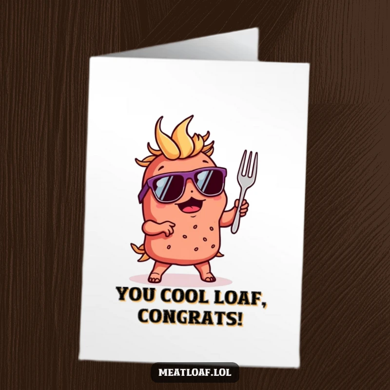 Funny Free Printable Congrats Card: A sunglasses-wearing meatloaf dances energetically with a small fork, celebrating an achievement.