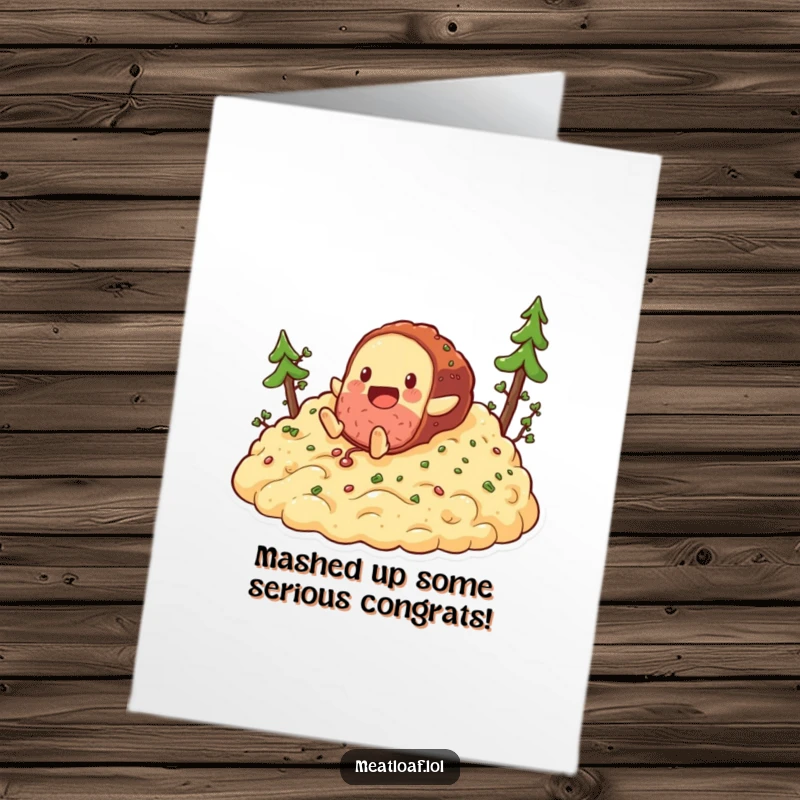Funny Free Printable Congratulations Card: A playful meatloaf character slides down a hill of mashed potatoes in celebration.