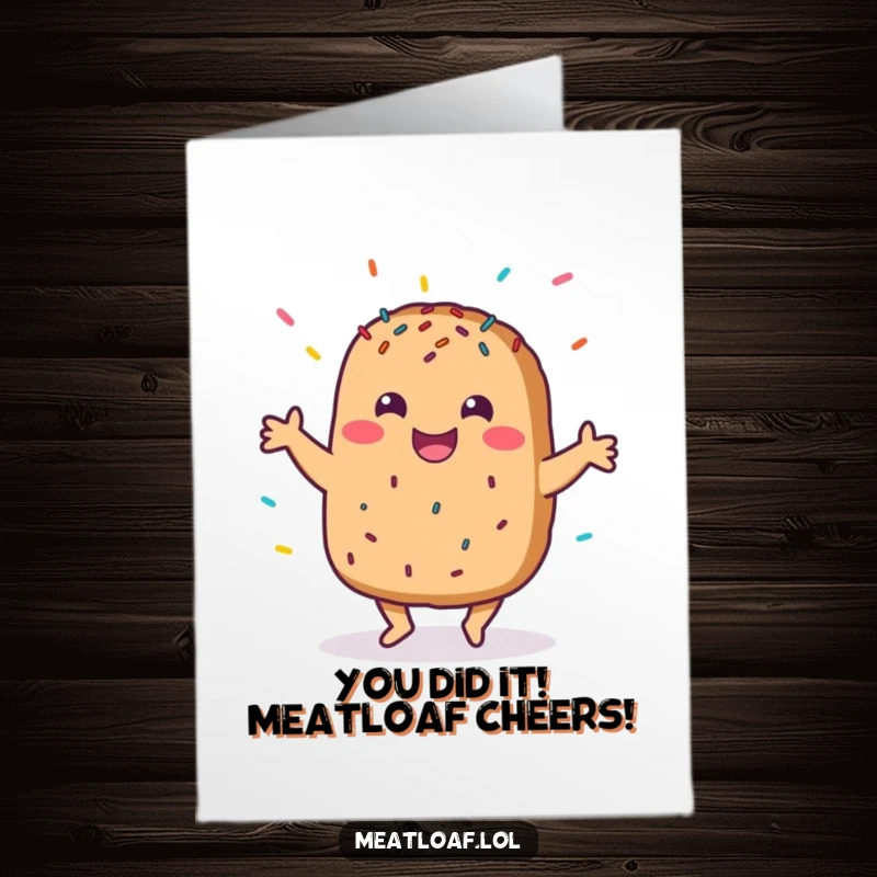 Funny Free Printable Congratulations Card: A smiling meatloaf character performs a jubilant dance, showering success with sprinkles.