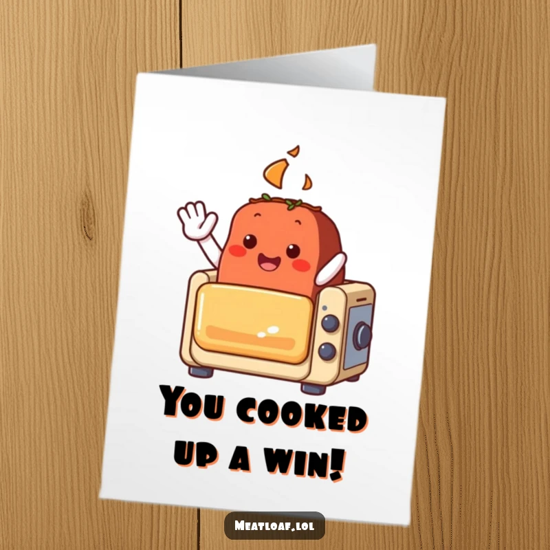 Funny Free Printable Meatloaf Congratulations Card: A smiling meatloaf waves from a tiny oven, celebrating achievements with warm enthusiasm.