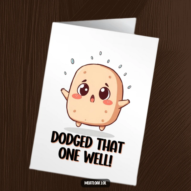 Funny Free Printable Congratulations Card featuring a shocked meatloaf with wide eyes, caught off guard by a falling sprinkle.