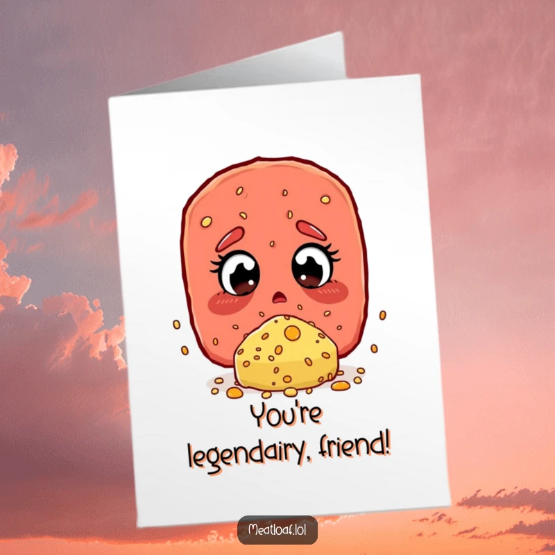 Funny Free Printable Congrats Card: A wide-eyed meatloaf character is amazed by a huge cheese sprinkle, a delightful downloadable surprise.