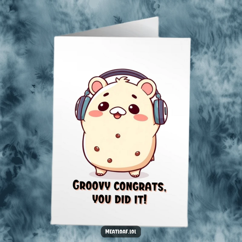 Funny Free Printable Congrats Card: A kawaii meatloaf with headphones bops its head, celebrating a success with good vibes.